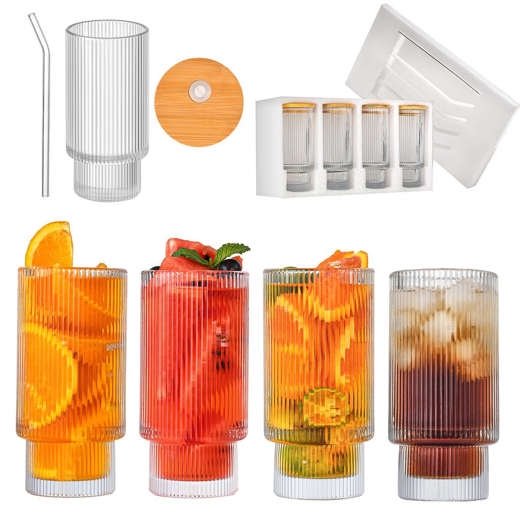 2/4Pcs Drinking Glasses Set Highball Glasses 11oz with Covers, Straws and Brush Vintage Glass Cups, Elegant Ribbed Glassware,