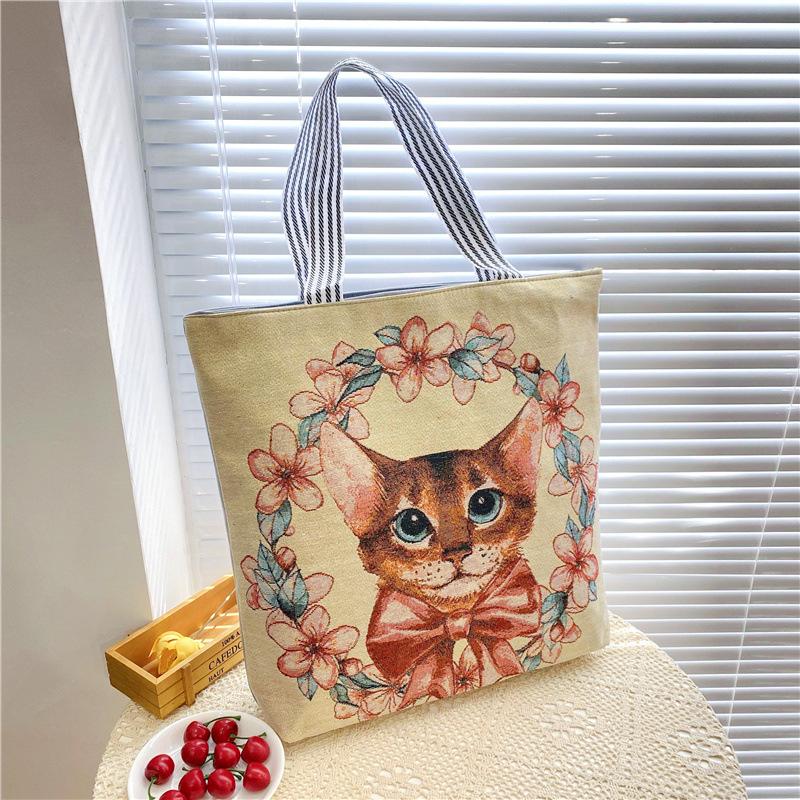 Canvas Bags Handbag For Women Shopper Cute Cat Shopping Tote Bag With Zipper Designer Bag Japanese Style Cartoon Large Shoulder Bags