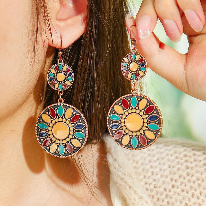New Boho Ethnic Fashion Colorful Drop Oil Round Earrings For Women Sum Flower Enameled Distinctive Sweet Vacation Jewelry Gift