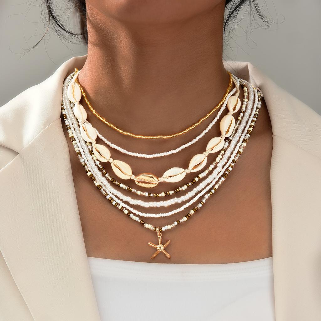 7Pcs/Set Boho Starfish Conch Rice Beads Pendant Necklace for Women Fashion White Color Multi layered Necklace Set Summer Jewelry