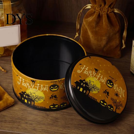 Small Metal Trinket Case Halloween Round Tin Box, Candy Cookie Storage Container with Pumpkin Witch Themed Gift Box Print, Spooky Party Favor Reusable