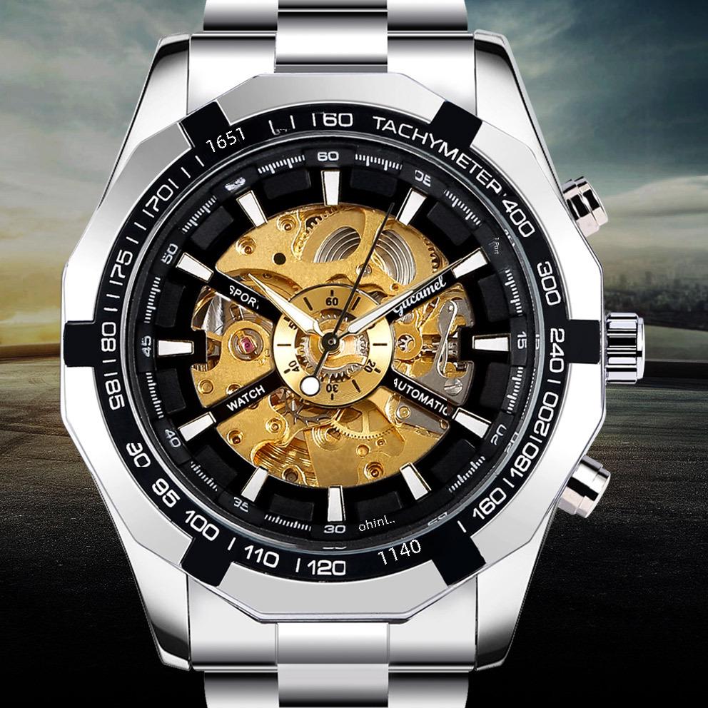 

GUTU Мужские светящиеся автоматические механические часы Black Dial, Gold Movement, Steel Strap