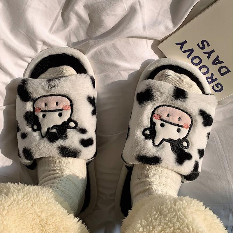 Fashion Kidmi Cute Cow Indoor House Slippers For Women Warm Fuzzy Women Slippers Casual Lovely Open Toe Slippers Antiskid Home Slippers