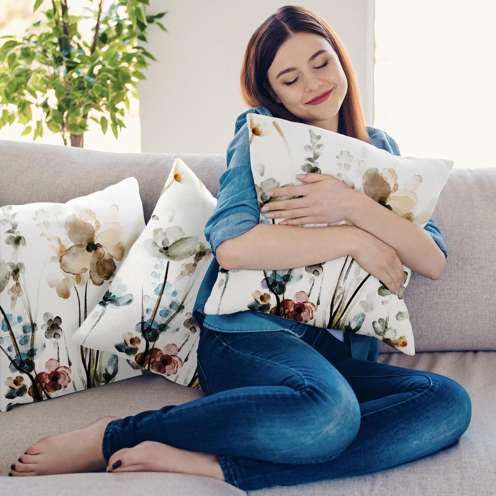 2 Pack Off White Muted Watercolor Floral Pillow Covers Double Sided Print Abstract Botanical Cushion Cases Home Decor