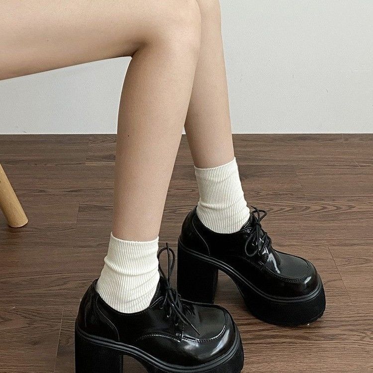Super High Heel Lace-up Single Shoes Women's New Versatile Spice Girls Small Height Increase JK Uniform Shoes Student Small Leather Shoes