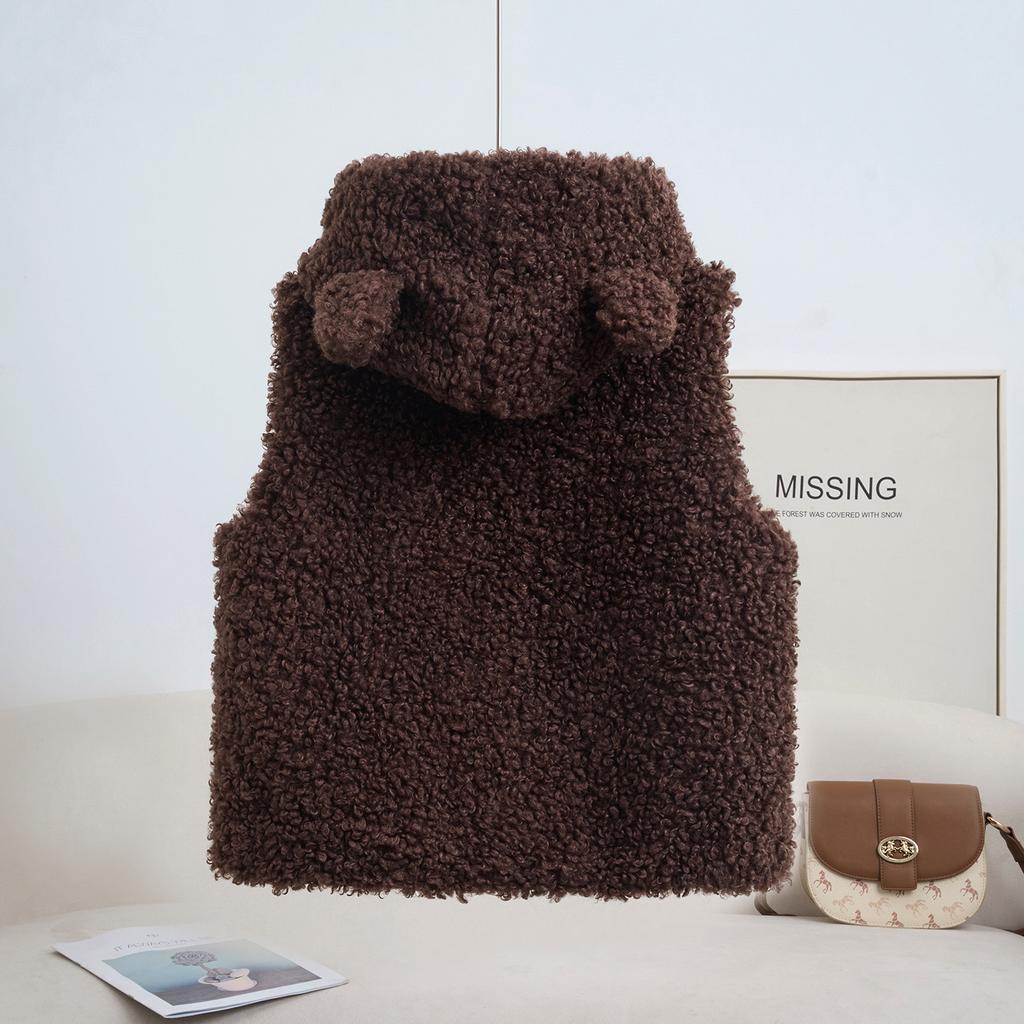 Retro Coffee Imitation Lamb Wool Hooded Granular Plush Vest Jacket Women's Autumn and Winter New Fashion Warm Top