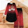 Christmas Print Two Piece Outfit Women Long Sleeve Irregular Hem Tunic Top Wide Leg Pants Casual Matching Set