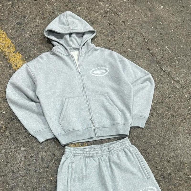 Corteiz Alcatraz Streetwear Hooded Zip-Up Sweatshirt Loose Jogger Set Women