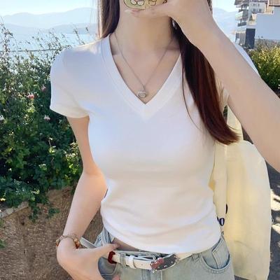 V-Ausschnitt Design Slim Kurzarm T-Shirt für Damen Im Sommer Neu Slim und Vielseitig Einfarbig Einfaches Oberteil