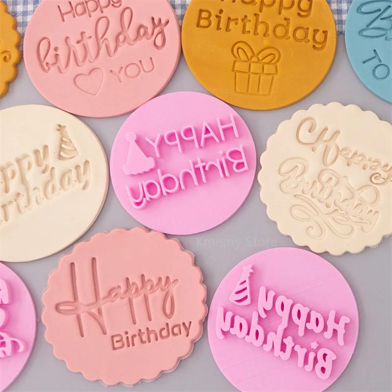 New Happy Birthday Cookie Embosser Mold English Letter Biscuit Embossed Stamp Baby Shower Party Fondant Cake Decorating Tools