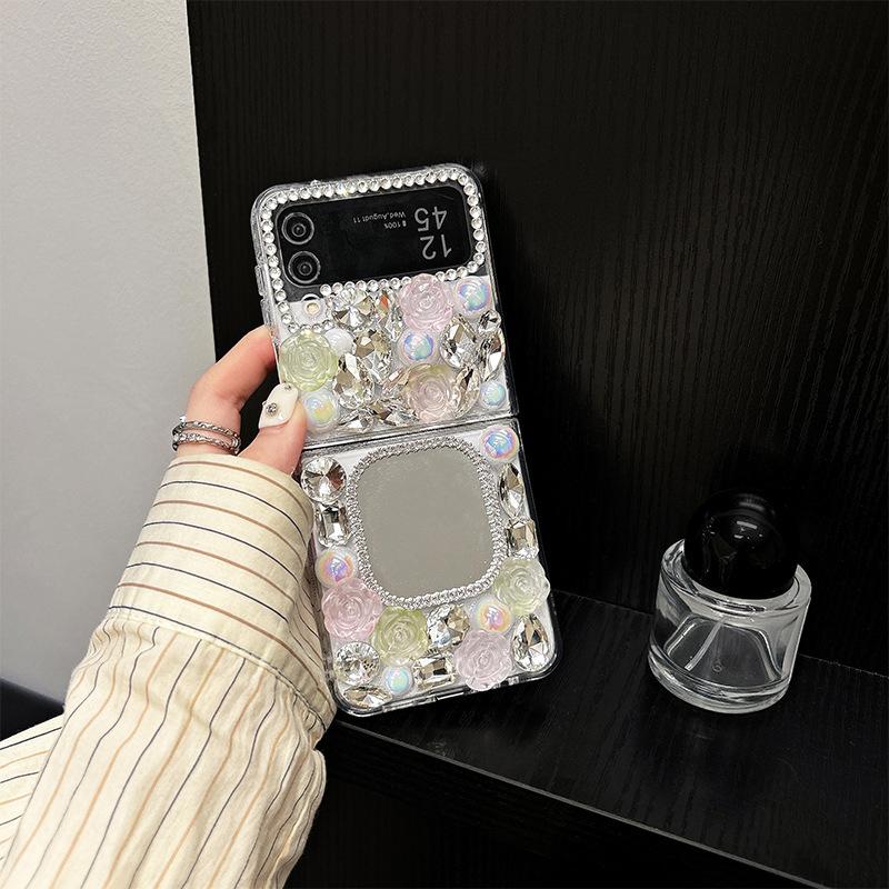 

Diamond Flower Square Mirror Phone Case for Samsung Zflip6 Flip W23flip Folding Fold5 Luxury For Samsung ZFlip3