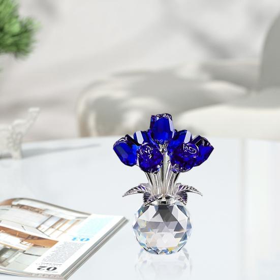 Faux Crystal Rose Flower Ornament Handmade Bouquet Figurine Mini Flower Vase Decoration Wife Girlfriend Women Wedding Anniversary Birthday Gift