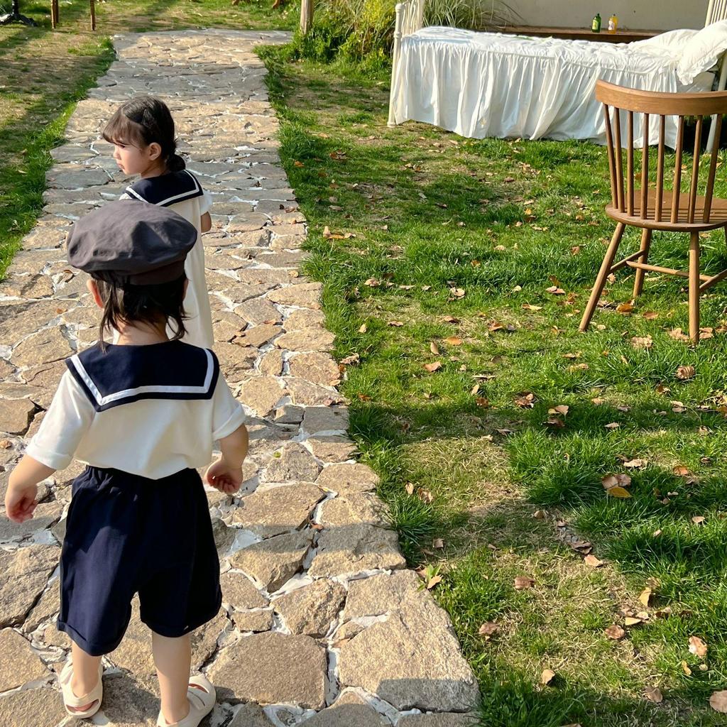 Summer Sibling Outfits: Boys' Sailor Collar Shorts Set & Girls' Academic Style Dress