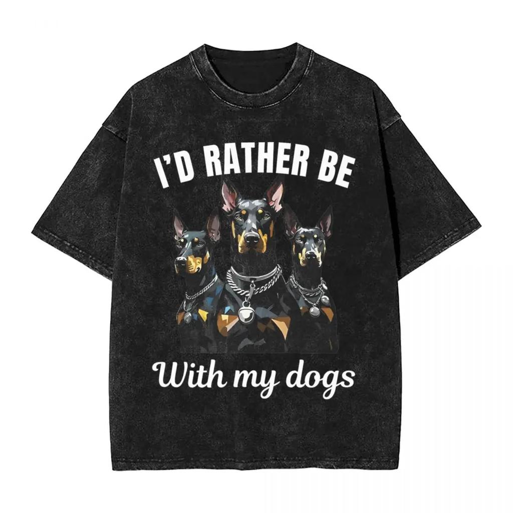 Lustiges Dobermann Hund Washed T-Shirt Streetwear Retro T-Shirts Tees Tops für Männer Frauen Kurzarm High Street Sommer