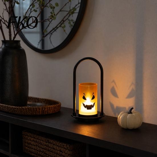 Flameless Ghost Lantern Halloween Face Candle Light, Battery Powered LED Lamp, Portable Iron Handle Lamp Detachable Decorative Light for Home