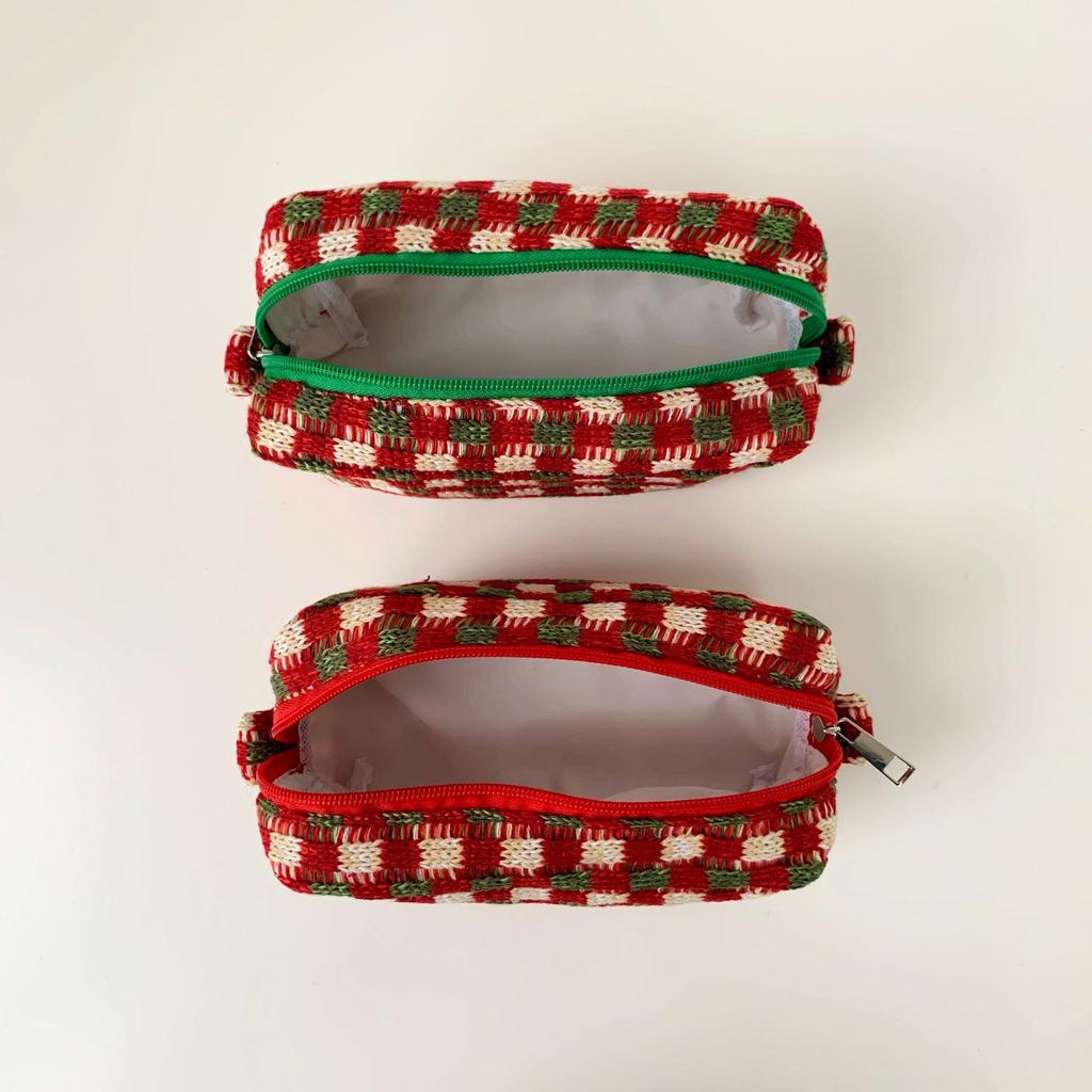 New Cosmetic Bag Knitted Red Green Plaid Large Capacity Makeup Bag Storage Pouch Pen Bag Travel Portable Wash Bag Christmas Gift