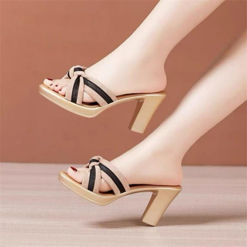 Thick-heeled Outer Wear Sandals and Slippers Women's Summer Waterproof Platform Fish Mouth One-word Sandals Fashion All-match Mid-heel Slippers