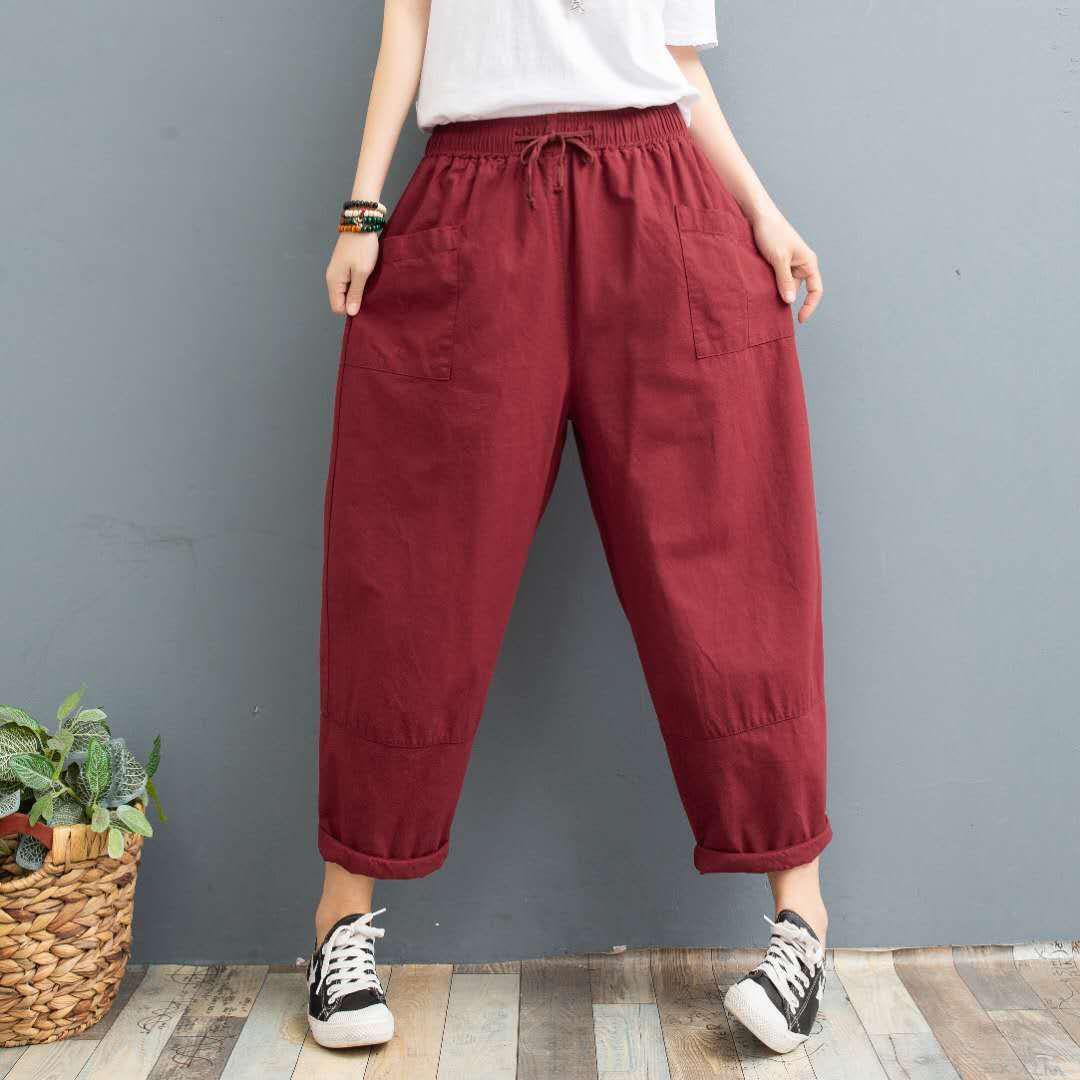 

Весна/літо 2023 Нові великі повсякденні вільні штани Harun з бавовняної коноплі 3XL вина червоного кольору