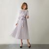 Korean Chic Stand Collar Belted Waist Pleated Maxi Dress Elegant Solid Color Long Sleeve Women Dress