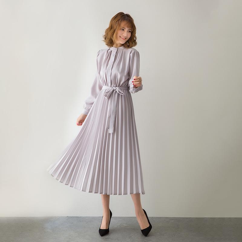 Korean Chic Stand Collar Belted Waist Pleated Maxi Dress Elegant Solid Color Long Sleeve Women Dress