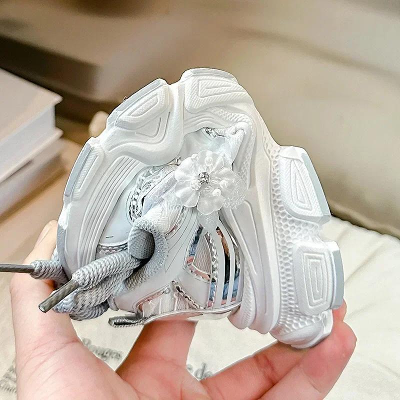 Girls Running Shoes Princess Style Flowers Children Sneakers Thick Soft Sole Non-slip 2025 New Kids Sports Shoes Mesh Breathable