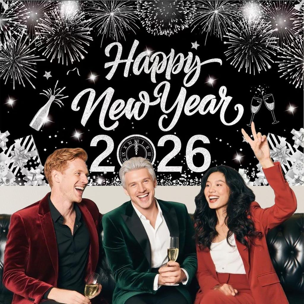 2026 New Year Banner Decorations 2026 Happy New Year Eve Party Decor, Black Silver Backdrop Party Supplies,71x43 Inches