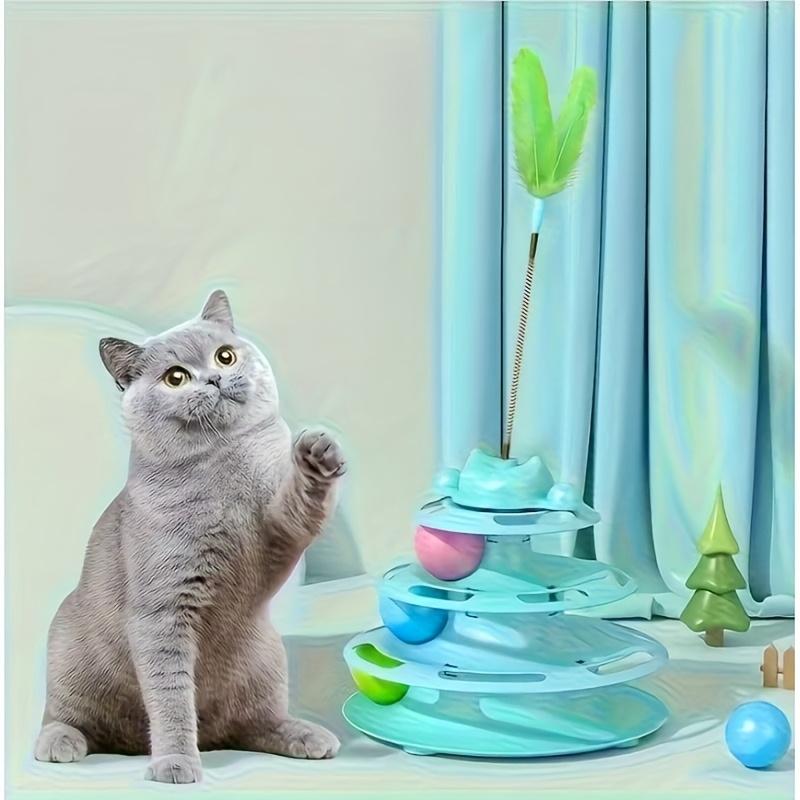 2025 pattern Artificial Feather Cat Rotating Toy Interactive Fun Toy, 3-Layer Rotating Tower with Three Small Balls and Feathers