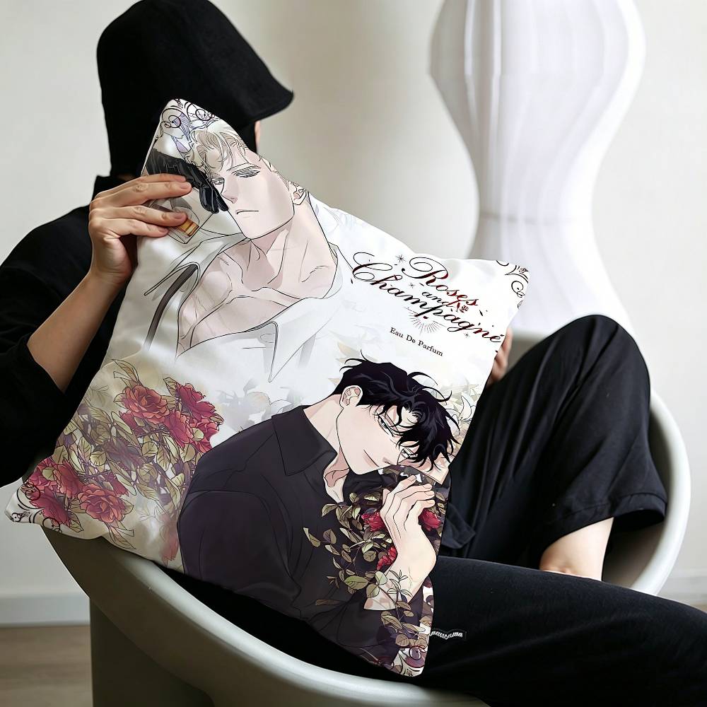 Korean Manhua Roses And Champagne Pillowcase Toon Gift Cushion Cover Bedroom Home Sofa Chair Seat Decor Pillow Case