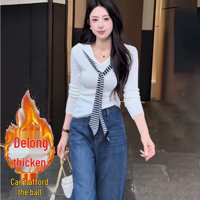 Korean Style Drop Shoulder Naval Collar Long Sleeve Top for Women, Slim Fit Flowy Ribbon Design, Perfect for Spring/Autumn.