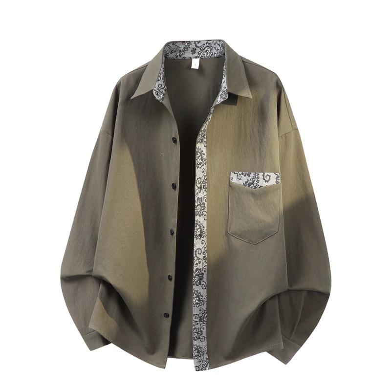 Chinese Style Color Block Loose Fit Long Sleeve Shirt For Men Autumn Casual