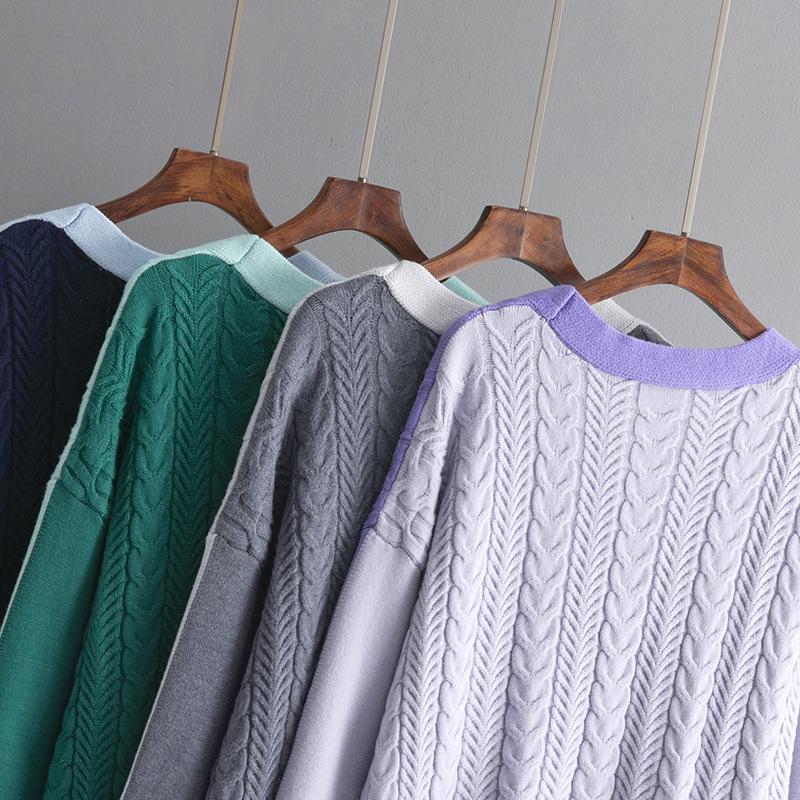 Autumn Winter Vintage Loose Long Sleeve Top Block Color Cardigan Pullover Knitwear Twists V-neck Sweater