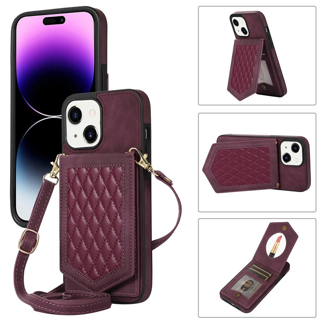 For iPhone 15 RFID Blocking Card Holder Phone Case Mirror Kickstand Imprinted PU Leather Coated TPU Cover with Shoulder Strap