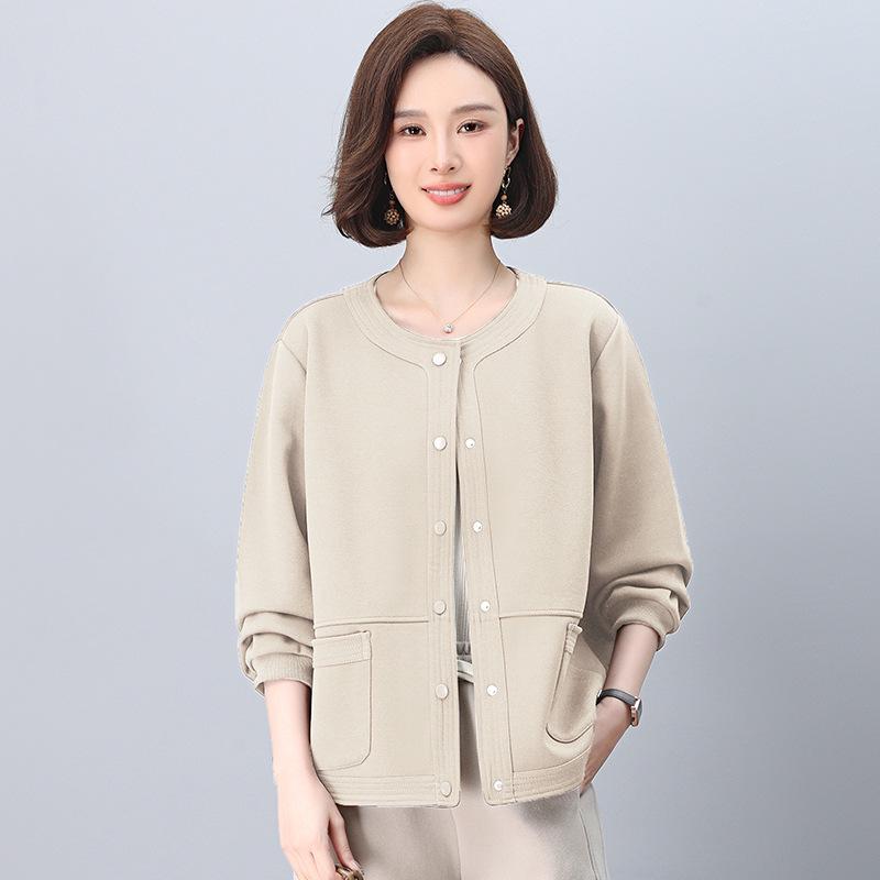 Women's Spring-Autumn 2025 Fashionable Age-Defying Round Neck Cardigan - Thin, Stylish Sweatshirt for Middle-Aged Moms