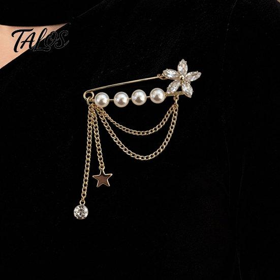 Brooch Pin for Women, Lapel Pin with Star Rhinestone Faux Pearl Tassel Design, Multi-Layered Pendant Badge for Neckline Cardigan Coat Decoration