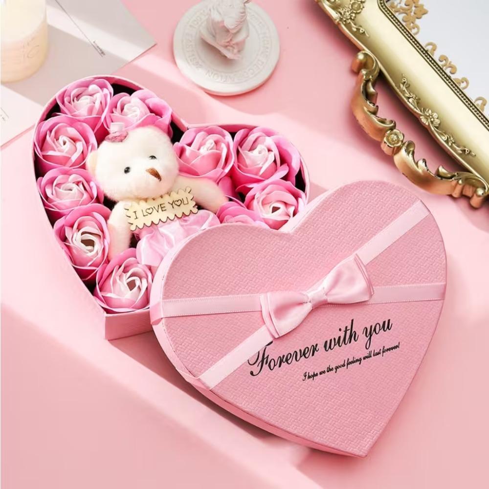 Rose Flower Gift Box with Bear Heart Shape Gift Box for Valentines Day Mothers Day Wedding Home Party Decor Artificial Flowers
