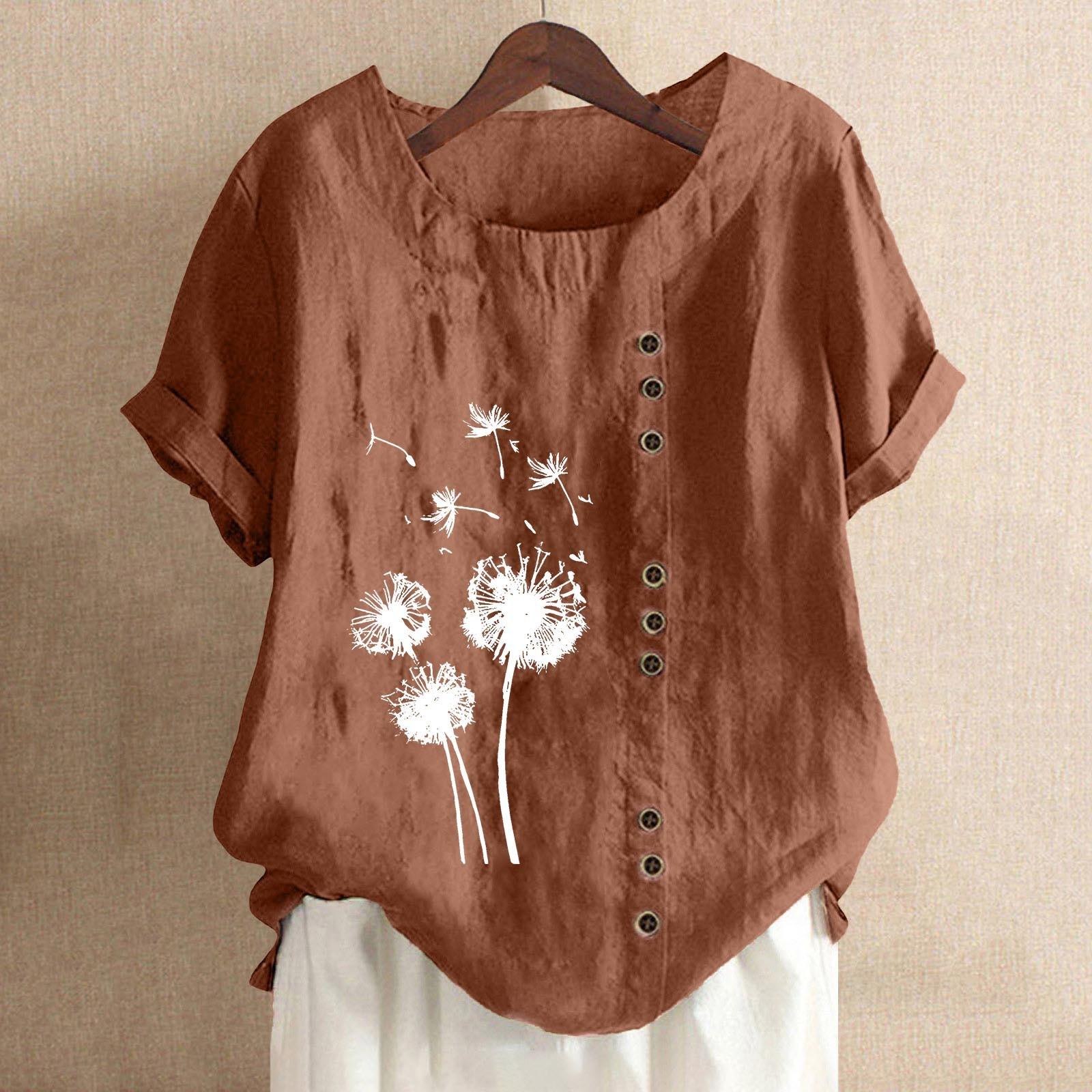 

Women s Fashion Casual Round Neck Short Sleeve Cotton And Linen Printed T-shirt Top XXL кофейный
