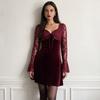 Velvet Long Sleeve A-Line Dress With Lace Trim Tie Waist Women Holiday Party Outfit