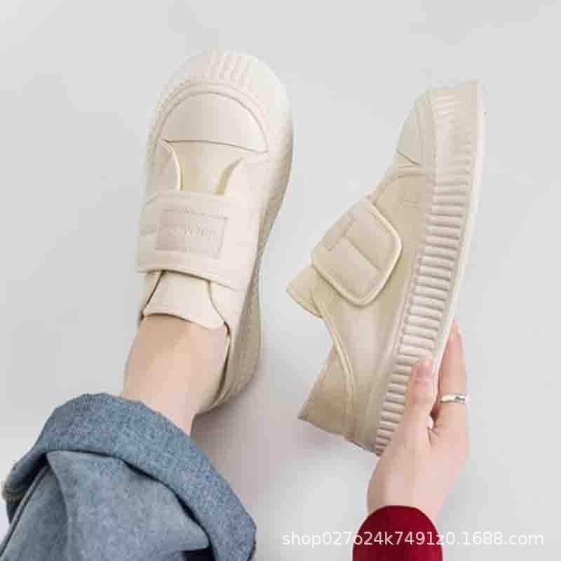 2025 summer breathable Velcro canvas shoes female niche versatile step heel two wear platform student biscuits white shoes