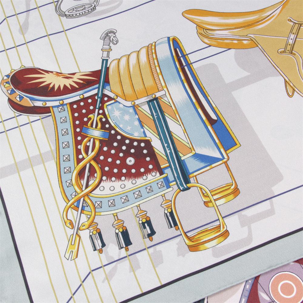 POBING Curled Twill Silk Scarf Women Saddle World Double Side Printed Square Scarves Wraps Echarpes Foulards Femme Hijab 90CM