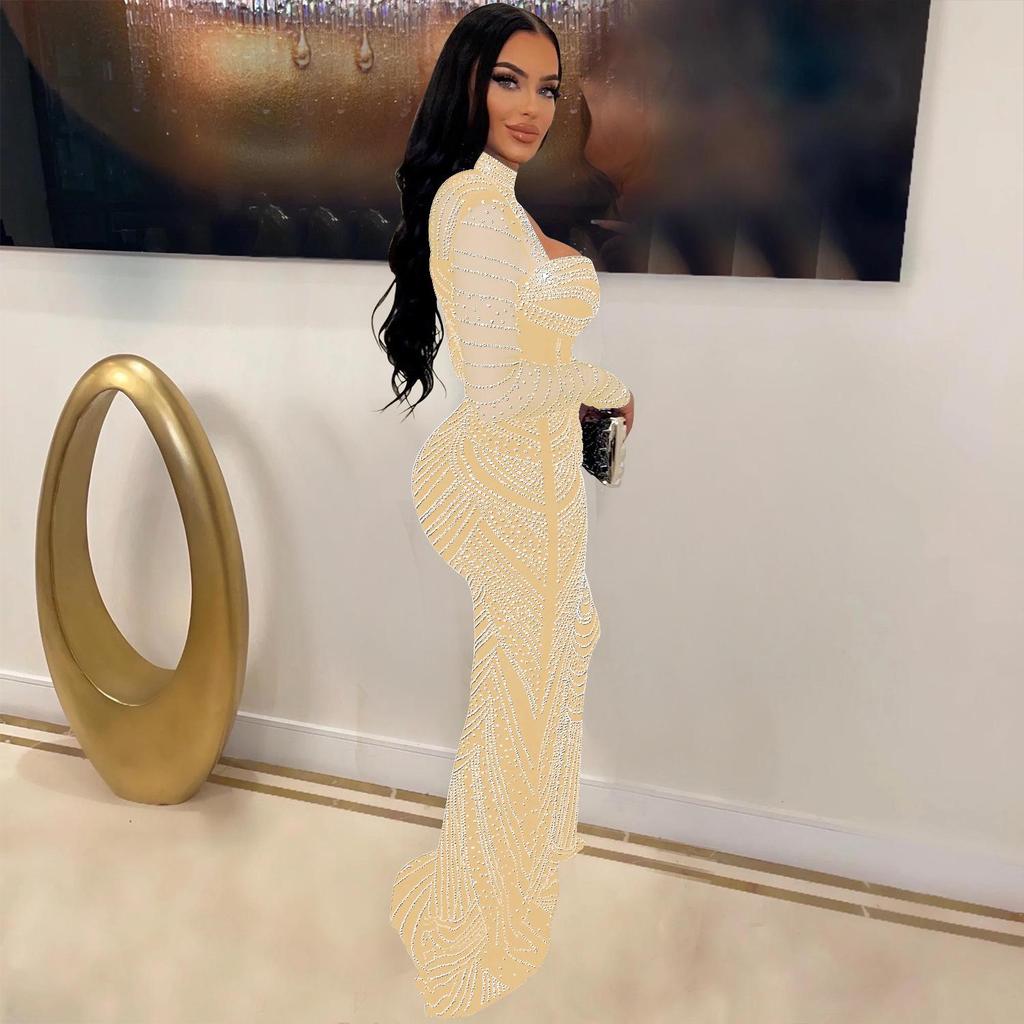 V-neck Long Sleeve Mesh Dress with Hot Drill Accents