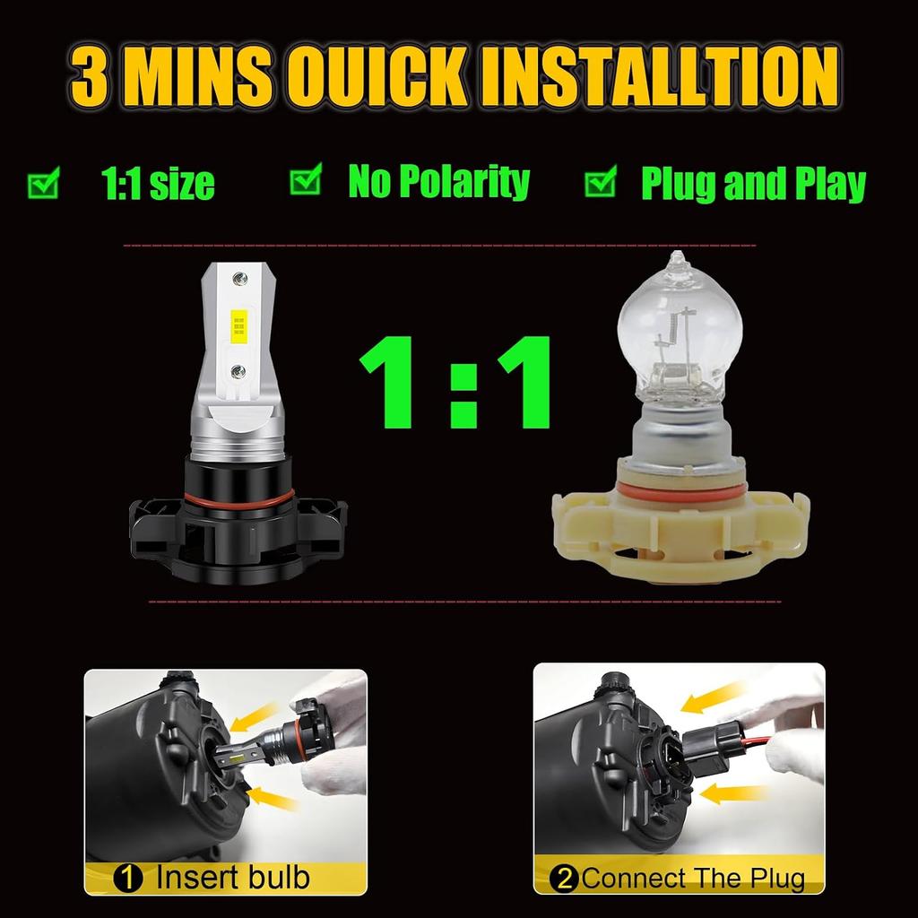 2504 PSX24W LED Fog Light Bulbs or DRL 10000LM Super Bright 6000K Xenon White 12276 Fog Lights Bulb Replacement for Cars, Play and Plug (Pack of 2)