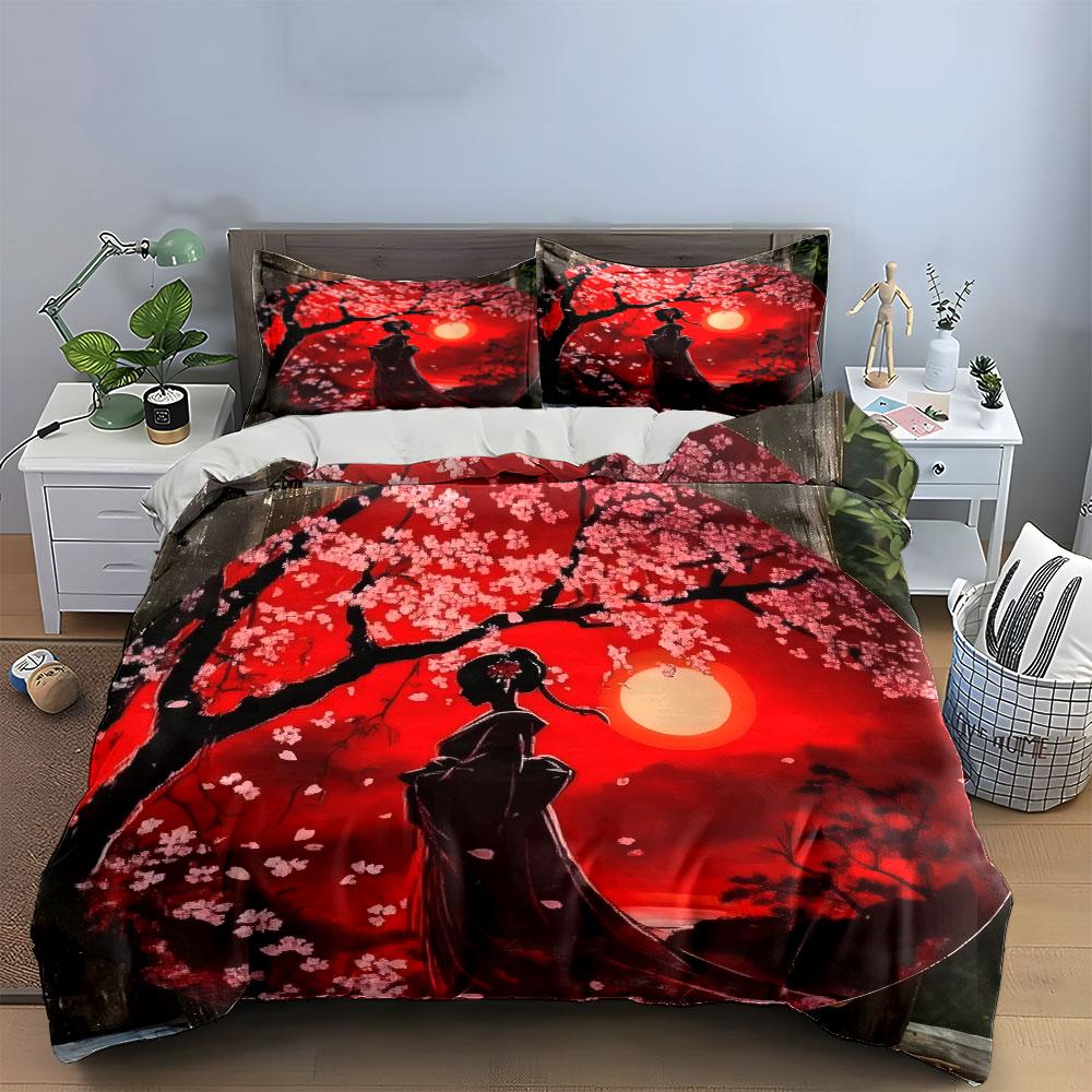 Japanese Style Sakura Sunset Decor Soft Comfortable Duvet Cover Bedding Set Included 1*Duvet Cover & 2*Pillowcases, Gift