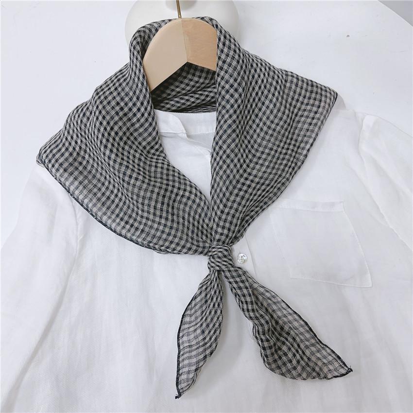 Literary And Elegant Yarn-Dyed Linen Plaid 70Cm Small Square Scarf, Neck Protection Japanese Simple And Versatile Small Scarf