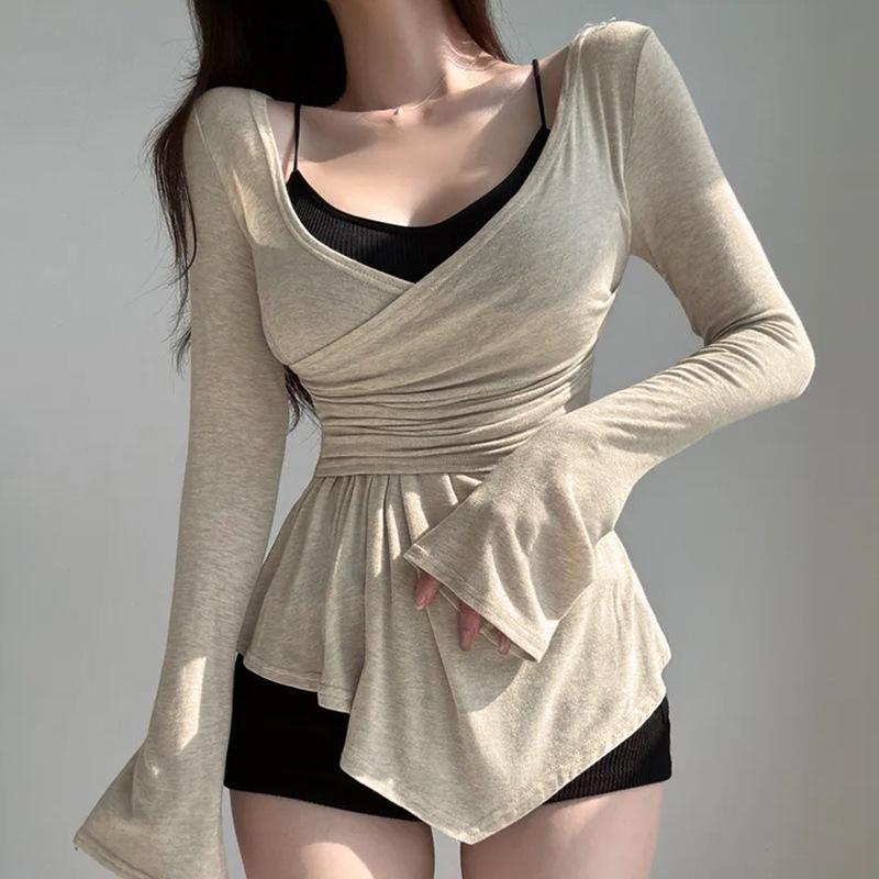 Korean Dongdaemun Style Sexy V-neck Long Sleeve Pleated Waist-cinching Slimming T-shirt for Women