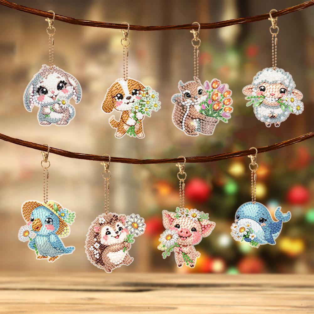 8Pcs Double Sided Spring Flower Animal Diamond Art Keyring Rhinestone Painting Keychain Pendant for Beginners Adults