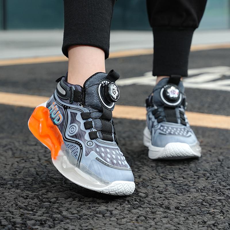 Kids Sports Basketball Shoes Boys Breathable Sports Shoes Fashion Rotating Button Night Reflective Girls Sports Shoes