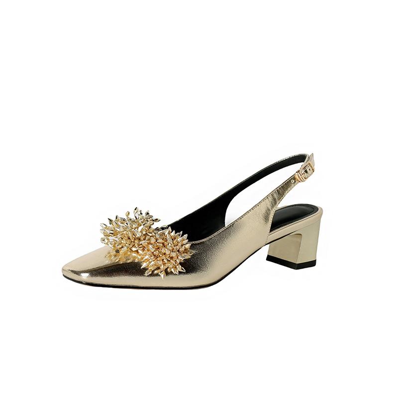 

Модні жіночі нові квадратні високі підбори з натуральної шкіри корови з квіткою та вільною пряжкою на пальцях, сандалі Мюллера, робоче взуття 250 золотий