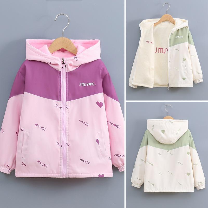 Girls Fleece Lined Windproof Reversible Hooded Kids Casual Outerwear Jacket
