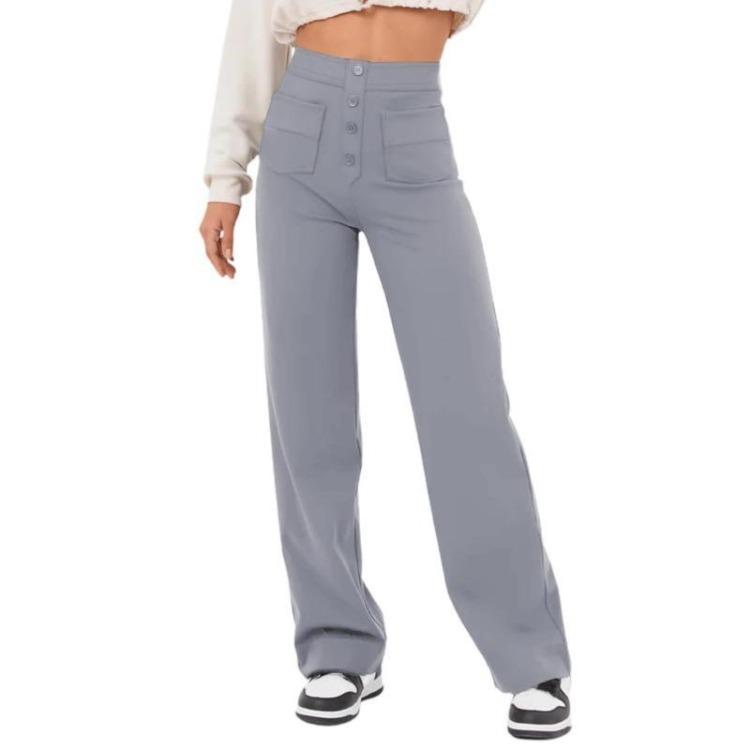 New Women High Waist Casual Straight Pants with Pockets European American Fashion Elastic Waist Button