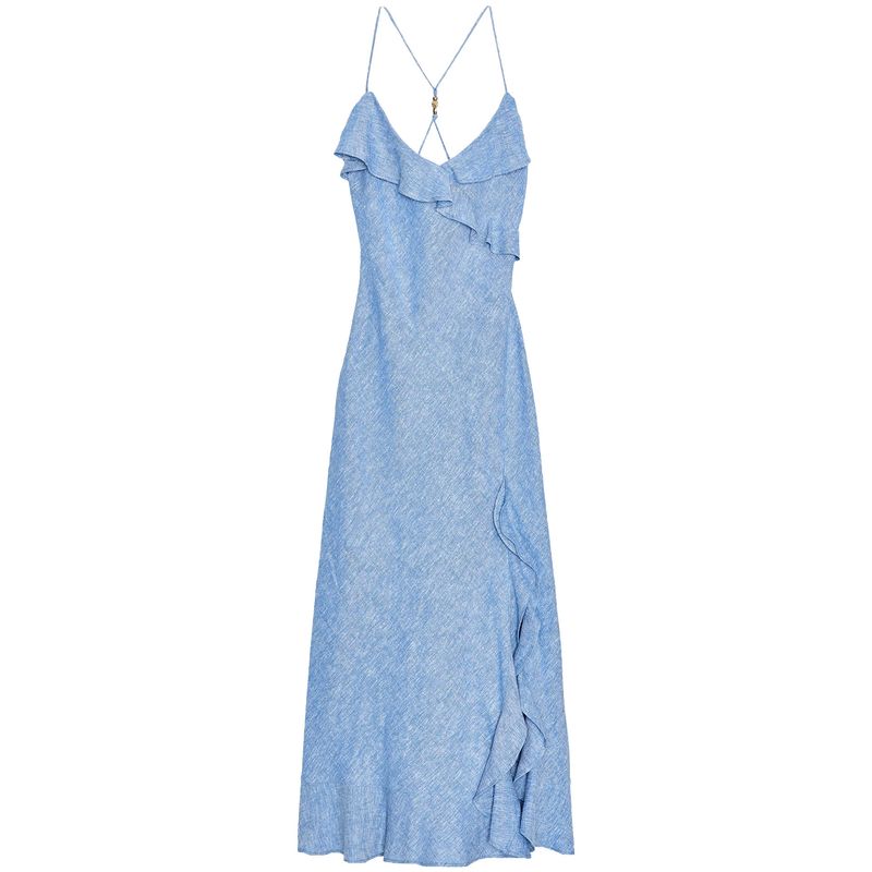 

Zaprha 2025 Новое поступление Пляжный стиль Льняная смесь Ламинированная отделка Платье-слинг 7953757 Light Blue L